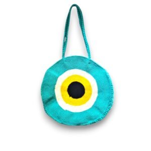 Handmade Evil Eye Crochet Handbag, Cotton Thread with Zipper, Blue Color