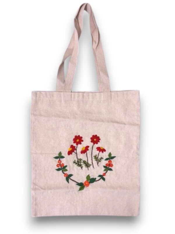 Cotton Canvas Tote Bag with Floral Hand Embroidery, Natural Beige