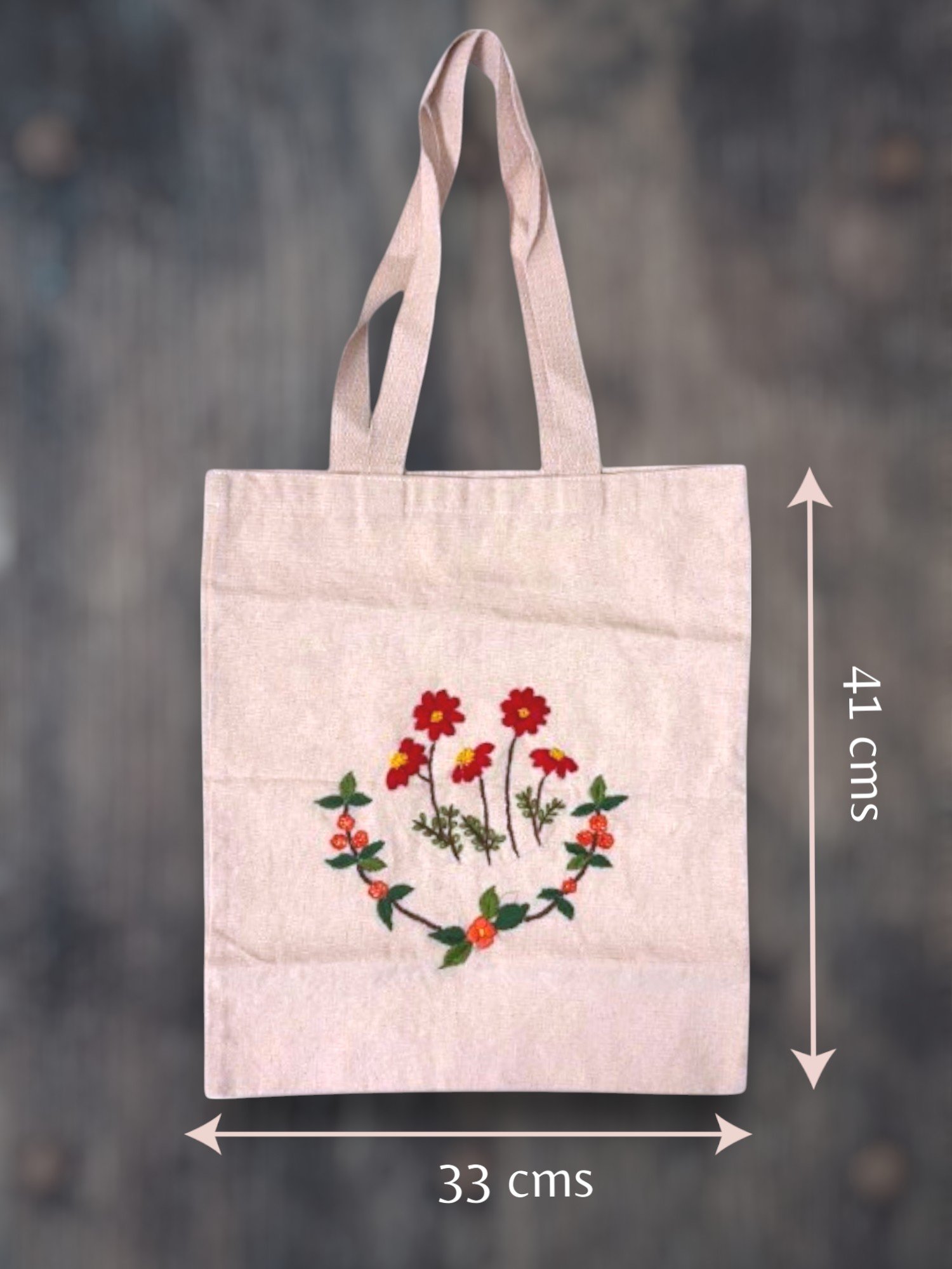 Cotton Canvas Tote Bag with Floral Hand Embroidery, Natural Beige - Image 2