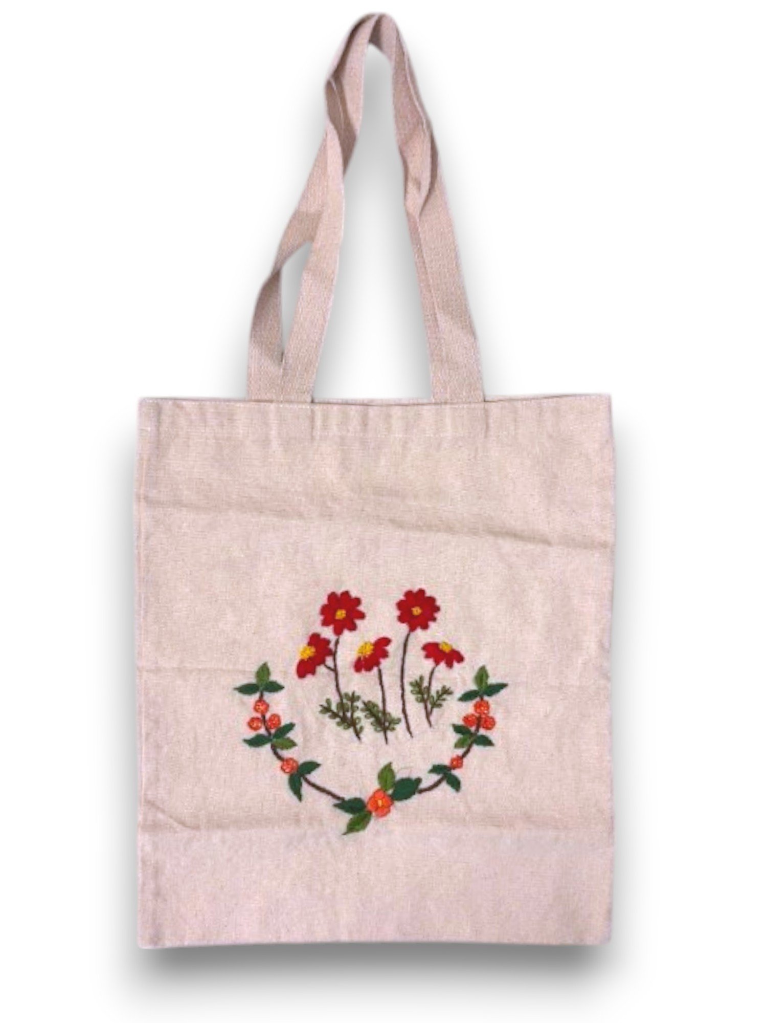 Cotton Canvas Tote Bag with Floral Hand Embroidery, Natural Beige