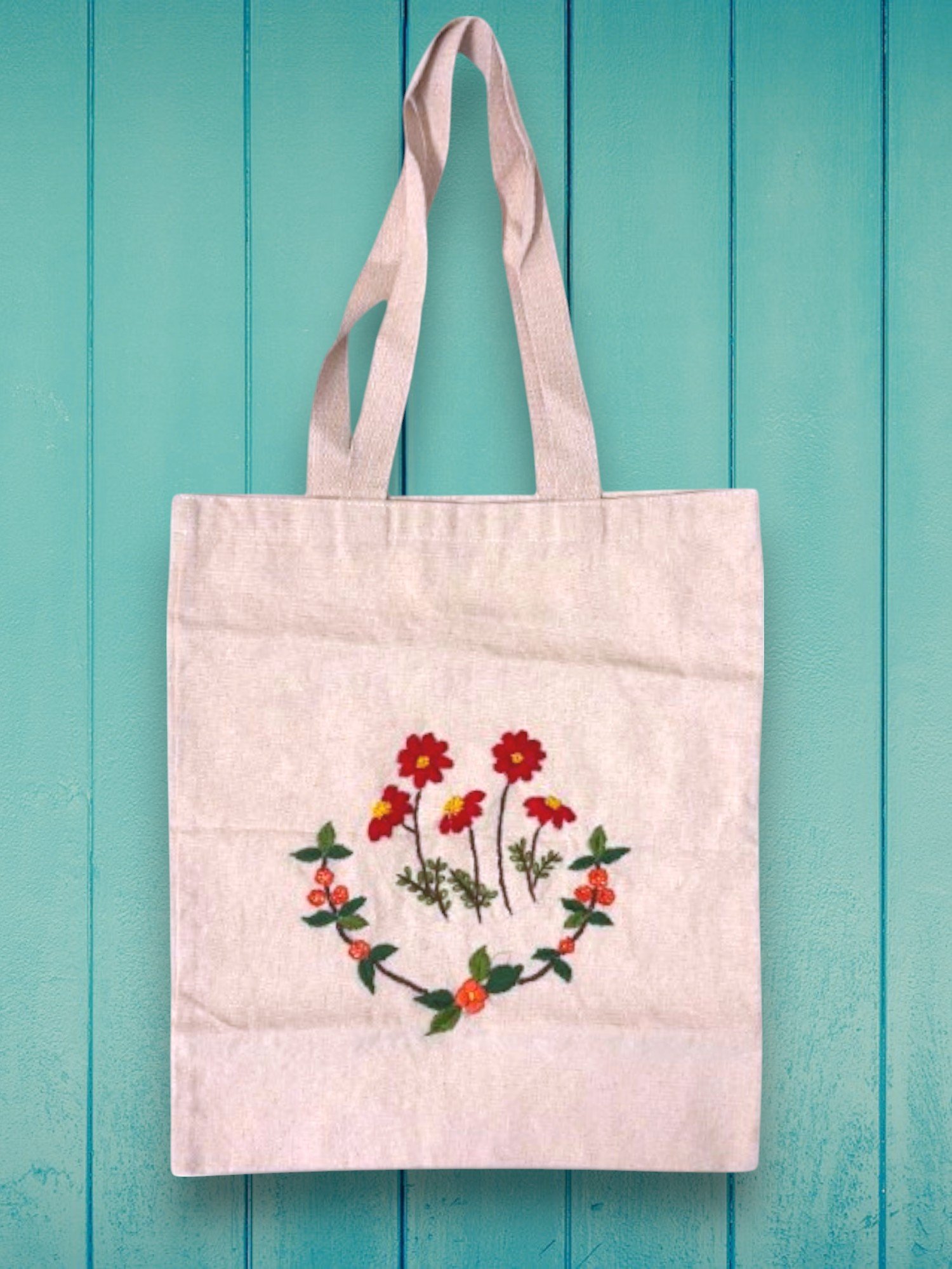 Cotton Canvas Tote Bag with Floral Hand Embroidery, Natural Beige - Image 3