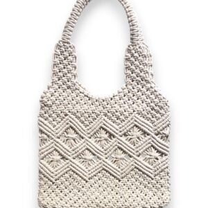 Handcrafted Macrame Shoulder Bag, White Cotton, Double Handle