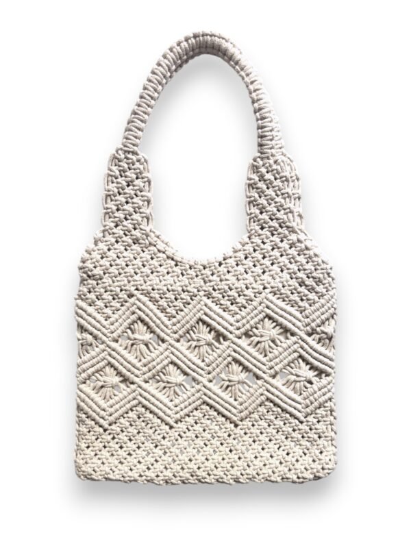 Handcrafted Macrame Shoulder Bag, White Cotton, Double Handle