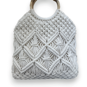 Handmade Macrame Bag with Ring, Bag for Women - White Color, Wooden Ring Handle