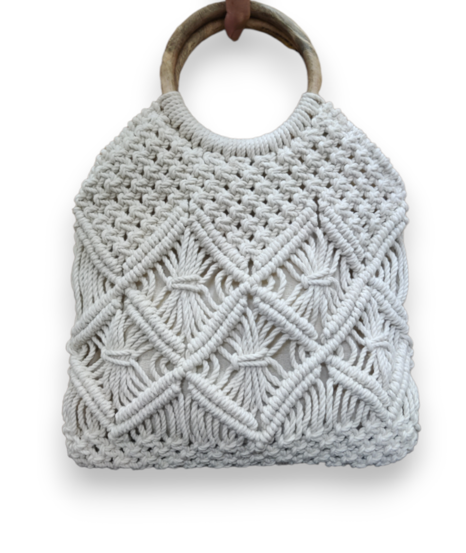 Handmade Macrame Bag with Ring, Bag for Women - White Color, Wooden Ring Handle